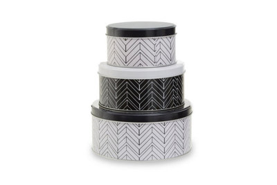 Orsina Black/White Set Of Urban Storage Tins, Contemporary Printed Metal Canisters With Lids, Ideal For Storing Snacks, Size 3 B&Q