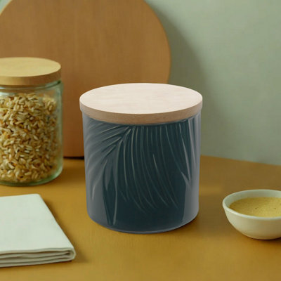 Orsina Dark Green Small Storage Jar With Bamboo Lid,porcelain Jar With Embossed Leaf Texture,perfect Kitchen Jar from B&Q