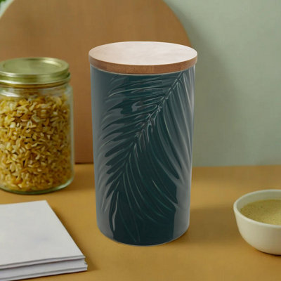 Orsina Dark Green Large Storage Jar With Bamboo Lid,jar With Embossed Tropical Leaf Design,spice Storage Canister from B&Q