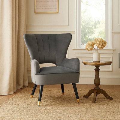 Orsina Grey Velvet Armchair For Reading BooksAccent Chair With Gold Finish Rubberwood LegsModern Velvet Chair from B&Q
