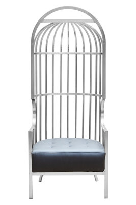 B&Q -  Brushed Silver Dome Cage ChairArt Deco Silver Metal Frame With Dome Top Cage DesignBlack Tufted Seat