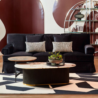 Orsina Three Seat Black Velvet SofaBlack Velvet Upholstery With Key Style Padded ArmsWooden Base 3 Seater Sofa from B&Q