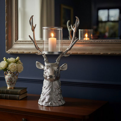 Orsina Stag Glass Candle HolderHurricane Design Candle Holder With Stag Head BaseDecorative Centrepiece from B&Q