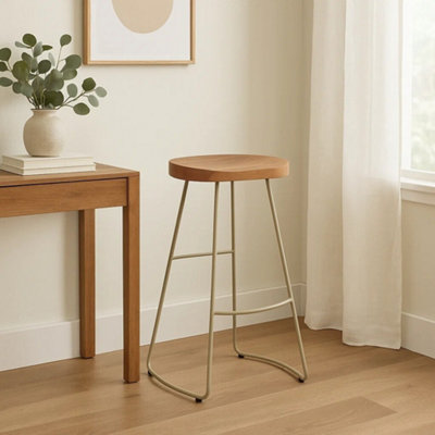 Orsina Luxe Bar Stool With Acacia Wood SeatWooden Kitchen StoolCounter Seat With Iron FootrestSilver Stool from B&Q