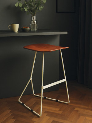 Orsina Brown Leather Bar Stool  With Silver FrameMinimal Bar Stool With FootrestOpen Frame Kitchen Stool from B&Q