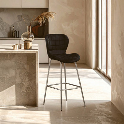 Orsina Black Velvet Bar ChairQuilted Upholstery With Silver Finish LegsModern High Stool For Home Bar from B&Q