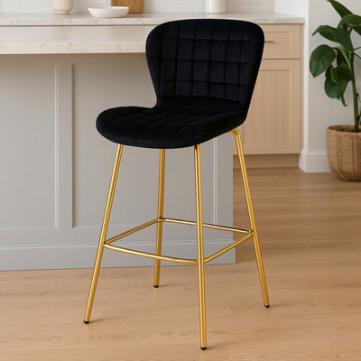 Orsina Black Velvet StoolLuxury Bar StoolModern Black Velvet Bar Chair With Quilted Design And Gold Legs from B&Q