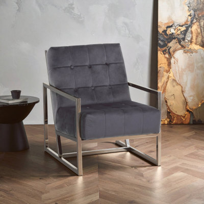 Orsina Grey Velvet Arm ChairComfortable Armchair With Button TuftingVelvet Upholstery Lounge Chair For Home from B&Q