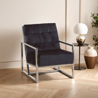 Orsina Black Velvet Arm ChairComfortable Armchair With Button TuftingVelvet Upholstery Lounge Chair For Home from B&Q