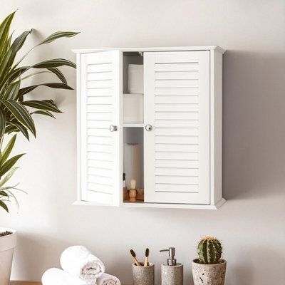 Orsina White Wood 2 Door Wall Cabinet, Decorative Wall Cabinet With Doors & Shelves, Kitchen Wall Storage Unit