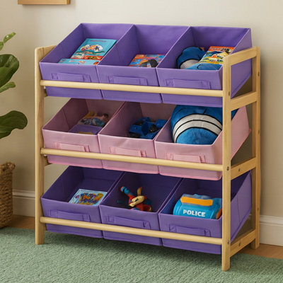 Orsina 9 Canvas Tubs Kids Storage UnitNatural Wooden Storage UnitColorful Pink And Purple Toys Organiser from B&Q