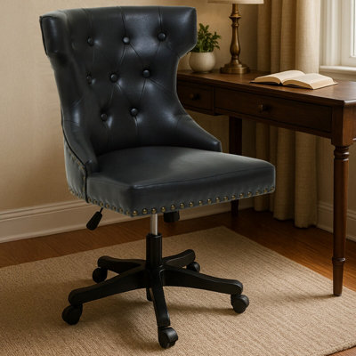 Orsina Black Leather Effect Office ChairTufted Wingback Seat With Studded TrimHeight Adjustable Swivel Chair from B&Q