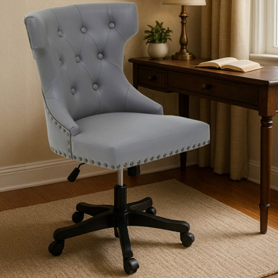 Orsina Grey Leather Effect Home Office ChairEmerald Button Tufted Wingback SeatHeight Adjustable Swivel Chair from B&Q