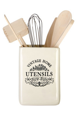 Premier Housewares Vintage Home Ceramic Utensil Holder, Cream Ceramic Kitchen Utensil Holder, Stylish Cooking Utensil Holder - Image 5