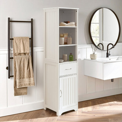 Orsina Tall White Display Cabinet With Drawer & ShelvesNarrow Storage UnitWhite Storage Cabinet For Daily Use from B&Q