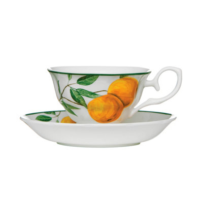 Premier Housewares Interiors By Premier Elegant Design Fruits Grove Cup And Saucer, Durable Tea Set, Bone China Cup And Saucer For Bedroom Orange