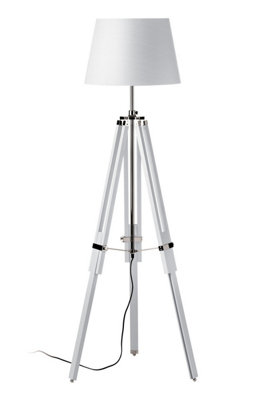 Orsina White Tripod Floor LampHeight Adjustable Natural Wood LegsChrome Accents With Soft Fabric Shade from B&Q
