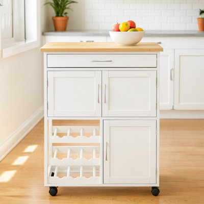 Orsina Durable White And Bamboo Top Kitchen TrolleyMulti Purpose Kitchen StorageDouble Door Serving Trolley from B&Q