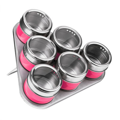 B&Q -  Durable Hot Pink Magnetic Spice Jars With Triangular TrayStylish Oblong TrayClear Plastic Lid Tray
