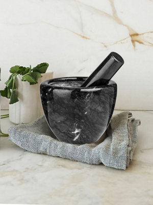 B&Q -  Black Marble Plain Mortar And PestleDurable Natural Marble Grinder With Polished Finish