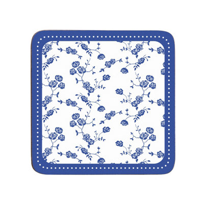 B&Q -  Interiors By Premier Set Of Four Blue Rose CoastersDurable Heat-Resistant Cork Table Mats With Elegant Floral Design