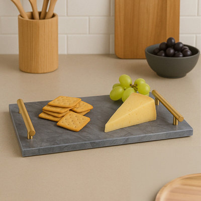 Orsina Black Marble Serving Board With Gold HandlesDurable Natural Stone Tray For Kitchen Use from B&Q