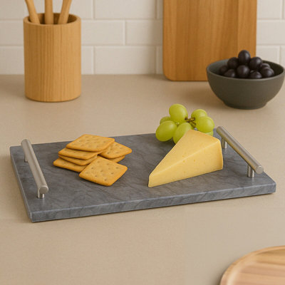 Orsina Black Marble Serving Board With Silver HandlesDurable Natural Stone Tray For Kitchen Use from B&Q
