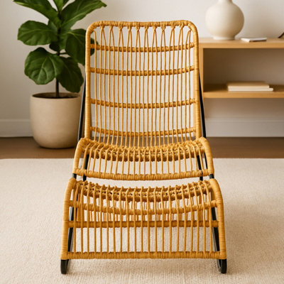 Orsina Rattan Chair And Footstool SetVertical Rattan Lining ChairHand-Woven Rattan Set With Black Iron Frame from B&Q