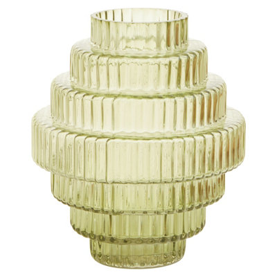 Orsina Unisex Grey Tiered Small Green Glass Vase, Eye Catching Layered Modern Vase, Ribbed Glass Vase, Decorative Vase In - Image 4