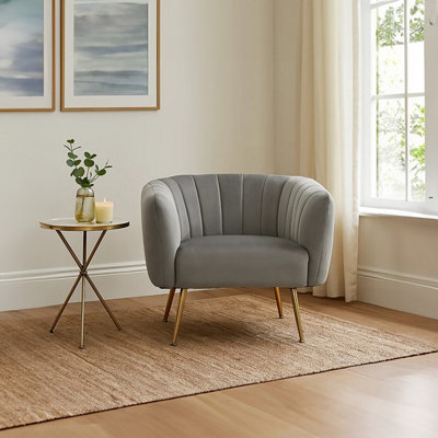 Orsina Stylish Grey Velvet Chair With Gold Finish LegsBack & Armrest Dining ChairEasy To Clean Armchair from B&Q