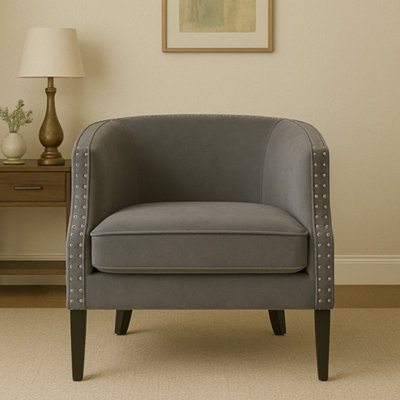 Orsina Grey Velvet Studded ChairEasy To Clean Leather ArmchairBody Supportive Accent Chair from B&Q