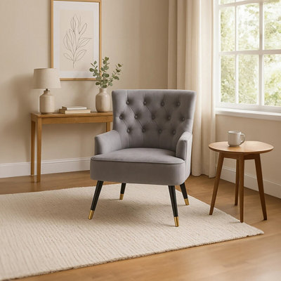 Orsina Grey Velvet Tufted ChairHigh Quality Velvet Dining ChairHighback Grey Accent Armchair from B&Q