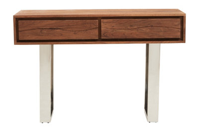 Orsina Acacia Wood Two Drawer Console TableSilver Finish Metal Frame With Sled BaseWooden Hallway Table from B&Q