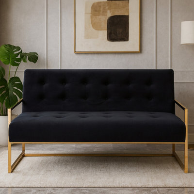 Orsina Two Seat Black Velvet SofaDeep Button TuftingFoam Padded Seat And BackSleek Metal FrameGlam Appeal from B&Q