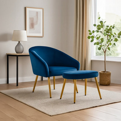 Orsina Midnight Blue Velvet Arm Chair With FootstoolVelvet Upholstered Accent Chair & FootstoolArmchair Set from B&Q