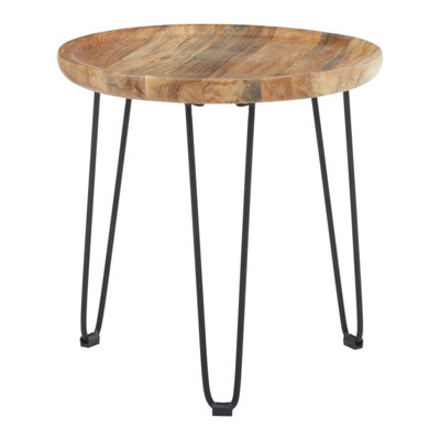 Orsina Natural Mango Wood Small Side TableRound Wooden Side Table With Black Iron LegsModern Rustic Side Table from B&Q