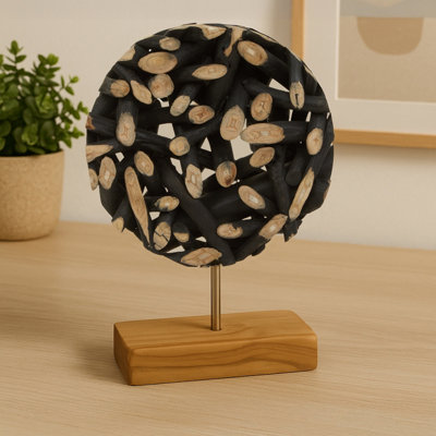 Orsina Small Wooden SculptureRound Shape Natural & Black Teak Wood SculptureModern Wooden Sculpture For Home from B&Q