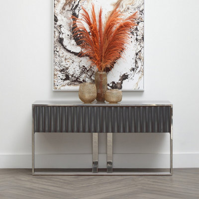 Orsina Grey Hi Gloss Finish Console TableSleek Glossy Grey Top With Polished Stainless Steel Frame from B&Q