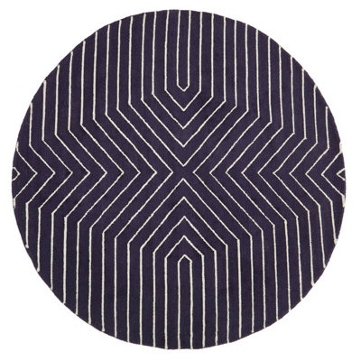 Orsina Round Blue And White RugHand Tufted Wool Rug With Geometric PatternContemporary Area Rug For Dining Room from B&Q