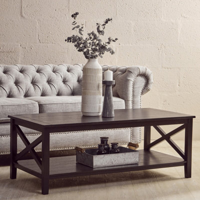 B&Q -  Black Coffee TableWood Table For Coffee And Outdoor With Bottom ShelfPine Wood & Mdf Tea Table