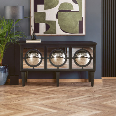 Orsina Black Finish SideboardBlack Wooden Cabinet Featuring Circular Lattice Overlay Convex Mirrors from B&Q