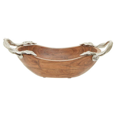 Orsina Small Oval Acacia Wooden Bowl With Leaf HandlesHandcrafted Wooden Bowl For FruitDecorative Tabletop Bowl from B&Q