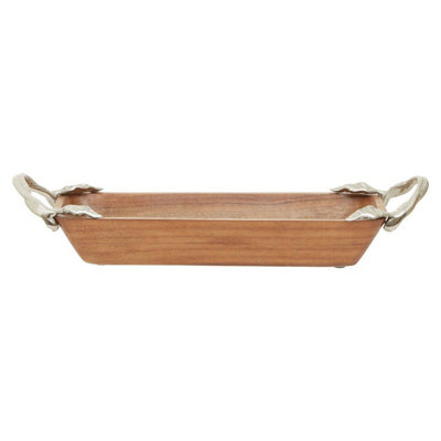 Orsina Acacia Wood Small Serving DishLightweight Decorative Tray With Aluminium HandlesDurable Rustic Platter