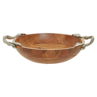 Orsina Acacia Wood Round BowlHardwood Salad Tray With Metal Leaf HandlesRustic Fruit DishNatural Timber Bowl from B&Q
