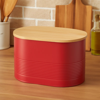 Interiors by PH Red Bread Bin - Metal Body with Bamboo Lid - Kitchen Storage - Image 5