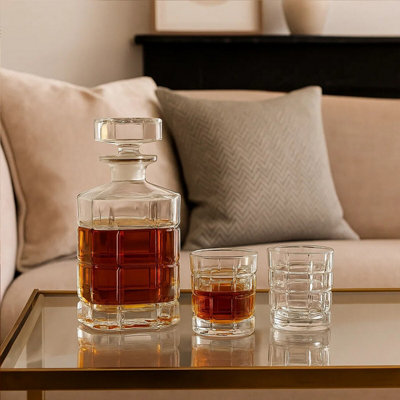 Orsina Decanter With 2 TumblersModern 850Ml Whiskey Decanter & TumblersTextured Barware JugCrystal Drinkware from B&Q