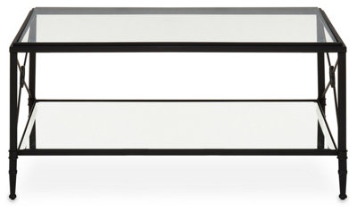 Orsina Rectangular Coffee TableBlack Finish Metal Frame With X Side CrossDual Tier Tempered Glass Shelves from B&Q