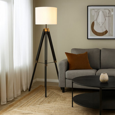 Orsina Tripod Floor Lamp With Black BaseCylindrical Shade Standing LampWooden Floor Lamp With Metal Bracing from B&Q