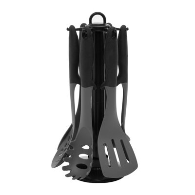 B&Q -  6 Piece Silicone Kitchen Tool Set With StandModern Silicone Utensil SetBlack And Grey Cooking Tool Set