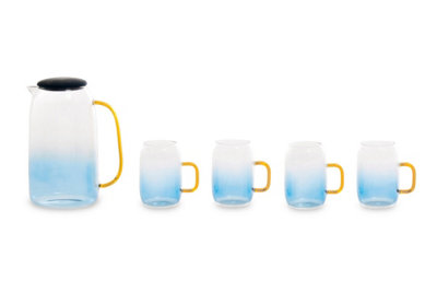 Orsina Glass Ombre Blue Pitcher & Cup SetDelicate Glass Jug Set With Amber HandlesSpacious 1500Ml Jug With Lid from B&Q